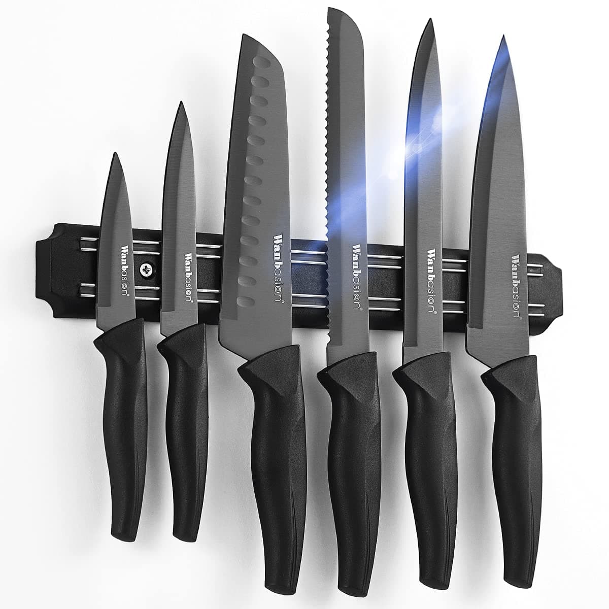 7 Piece Black Sharp Knife Set for Kitchen, Stainless Steel Chef Knife Set with Magnetic Strip and Cover for Meat Cutting
