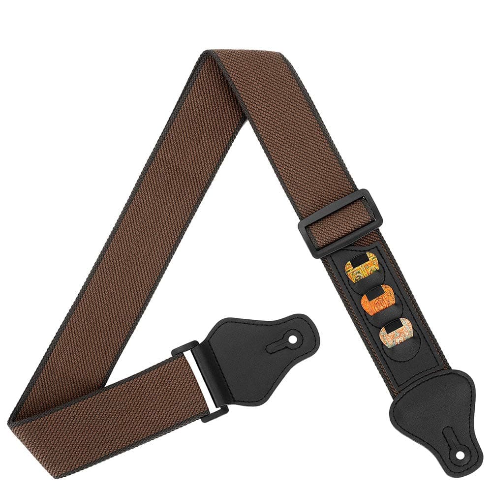 Guitar Strap 100% Soft Cotton Guitar Shoulder Strap With 3 Pick Holders For Bass Electric & Acoustic Guitars (Brown)