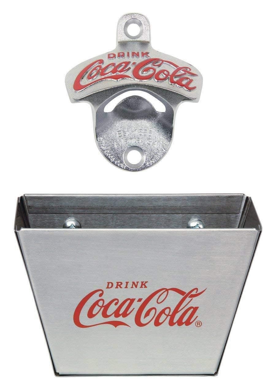 Tablecraft 1 X Coca Cola Wall Mount Bottle Opener and Coca Cola (Coke) Bottle Cap Catcher Set