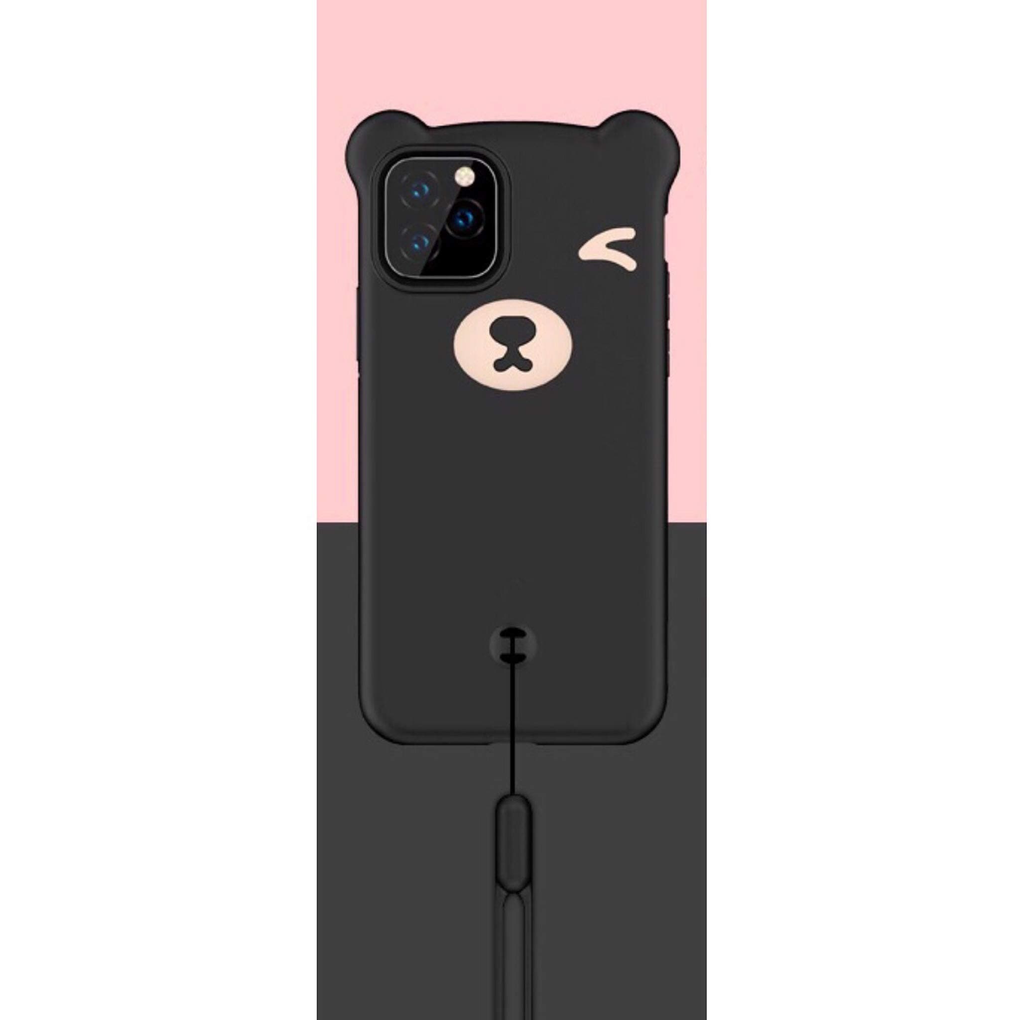 CaserBay for iPhone 11 Pro Max Case, 6.5-Inch, 3D Bear Cartoon Kawaii Smooth Touch Silicone Flexible Phone Case with Removable Wrist Strap, Black
