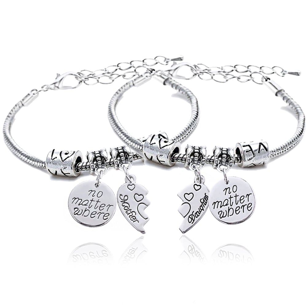 2pcs Mother Daughter Bangles Set No Matter Where Compass Split Broken Heart Expandable Bracelets Gift
