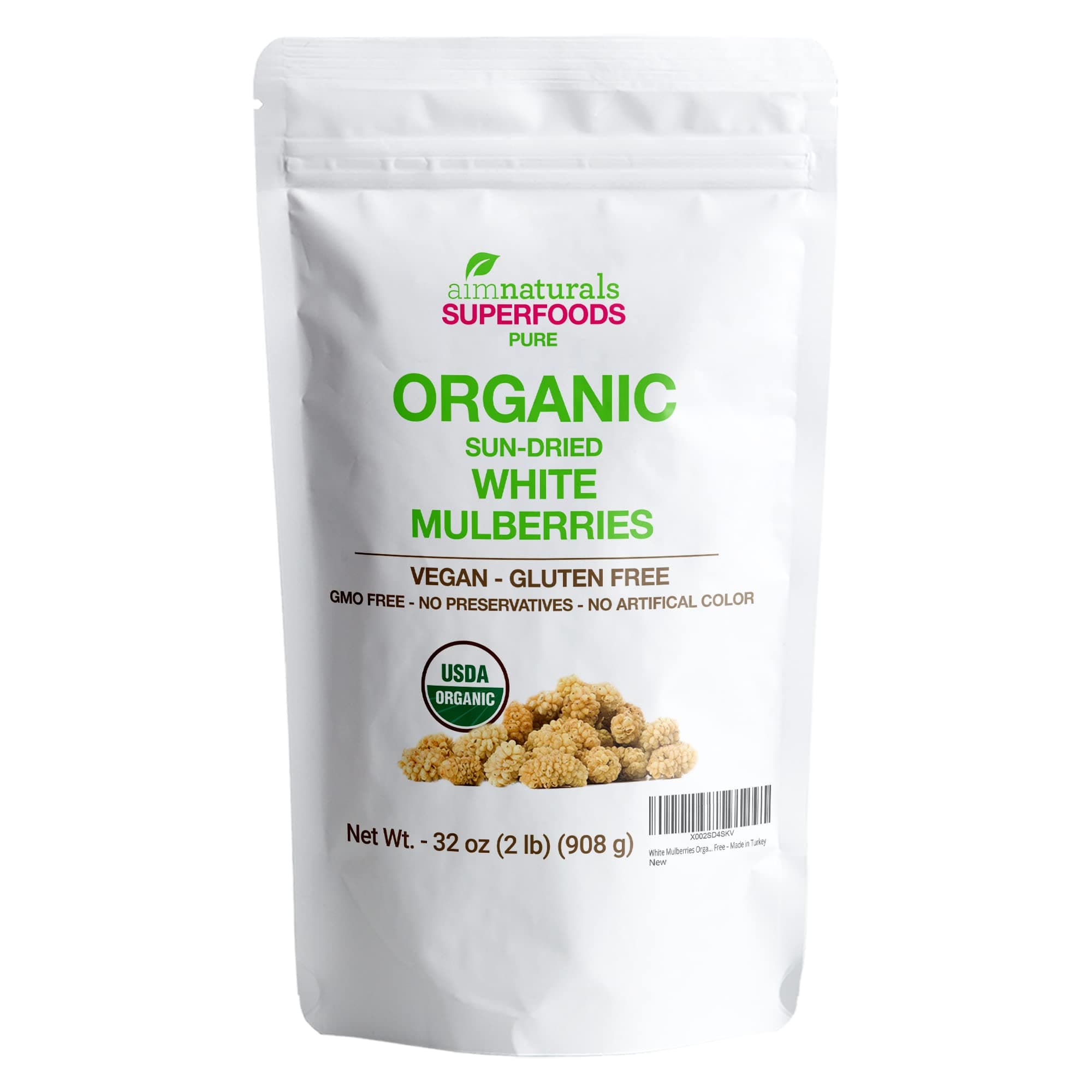 Organic White Mulberries 2 Lbs – 100% USDA Organic Certified – Sun Dried, Raw, Non GMO & Gluten Free – Made in Turkey