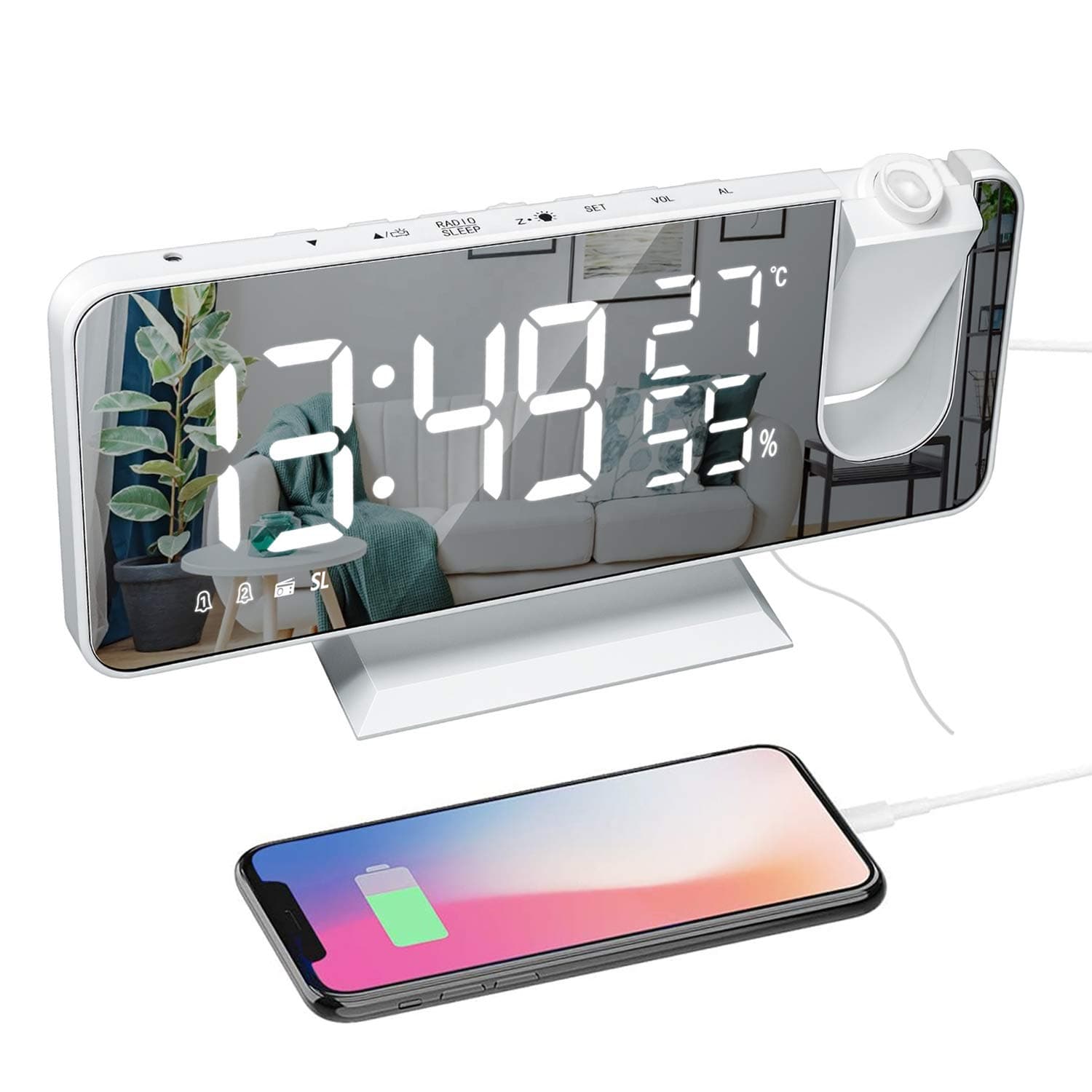 ThreeH Plastic Projection Alarm Clock With Usb Charger 180° Rotable Projector Digital Radio Clock 7.4'' Mirror Large Display 2 Sounds 4 Dimmer White