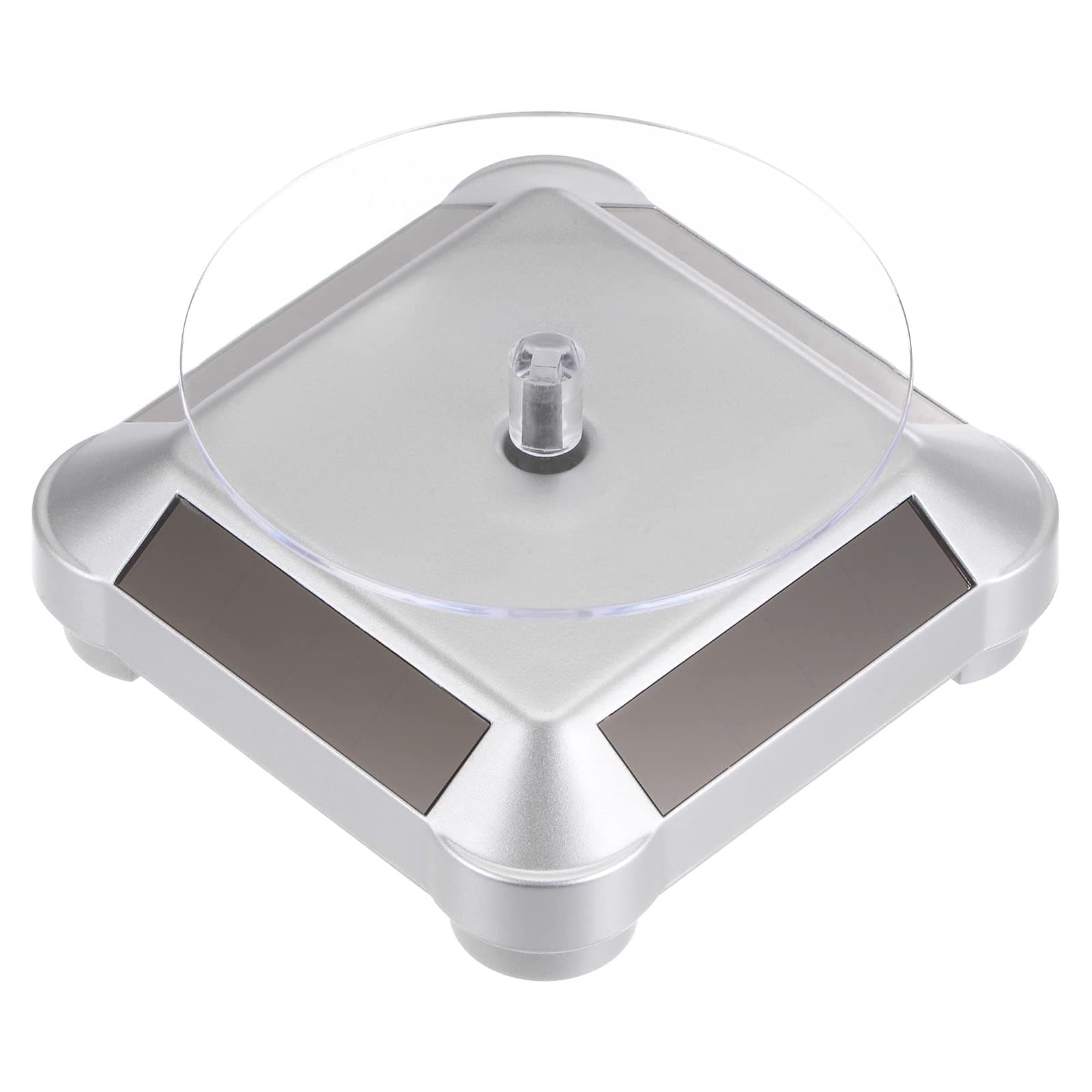 sourcing mapSolar Display Stand Turntable 3.54" Plate Dia Battery Double Use 360° Two-Way Rotating ABS Plastic Automatic Revolving Display for 3D Print Jewelry Displaying, Silver Tone