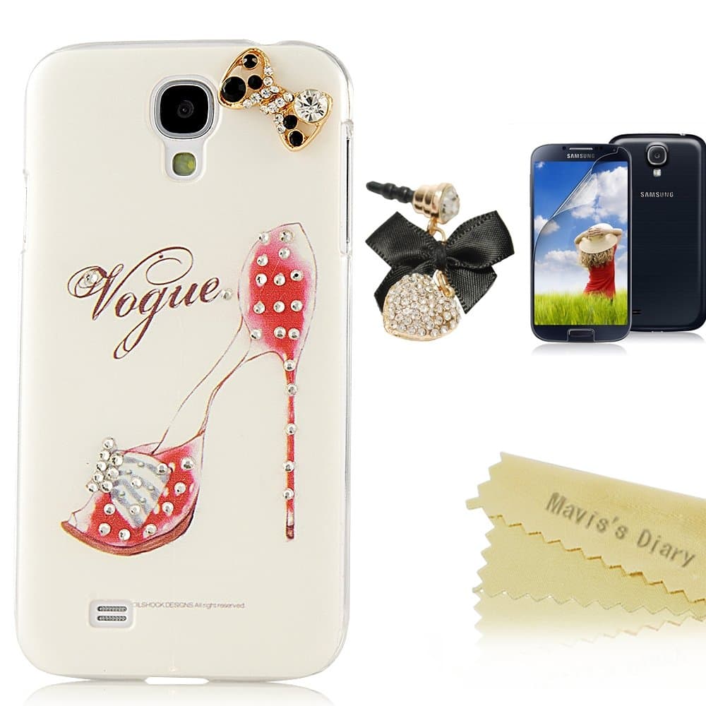 S4 Case, Galaxy S4 Case - Mavis's Diary 3D Handmade Bling Crystal High Heels Sparkle Glitter Diamond Bow Rhinestone Case Hard Cover for Samsung Galaxy S4 I9500 I9505 SPH-L720 SGH-I337 SCH-I545 SGH-M919 SCH-R970 Samsung Galaxy S4 LTE-A with Soft Clean Cloth (Case with Heart Dust Plug&Sreen Protector)