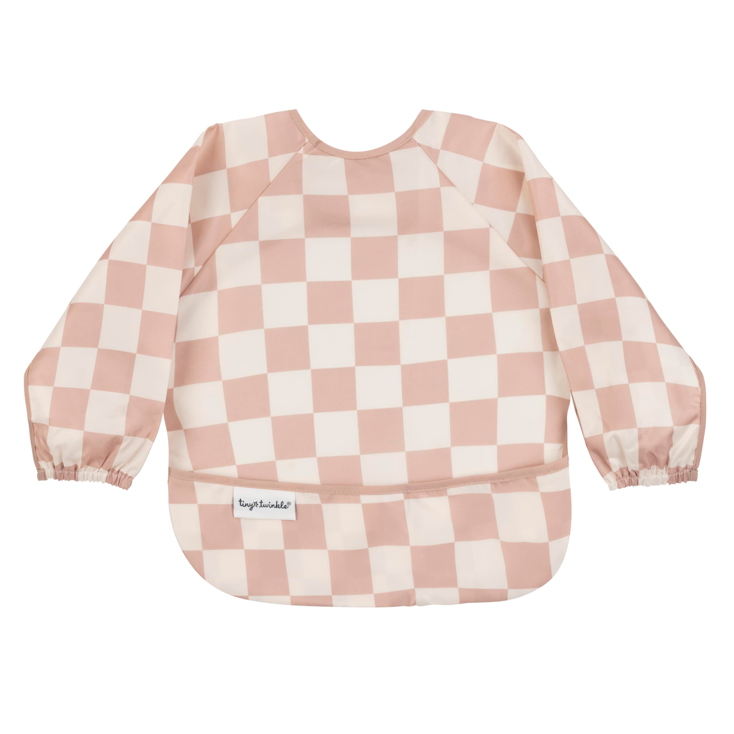 Tiny Twinkle Mess Proof Baby Bib, Cute Full Sleeve Bib Outfit, Waterproof Bibs for Toddlers, Machine Washable, Tug Proof, Baby Smock for Eating, Long Sleeved (Checkers Brown, Small 6-24 Months)