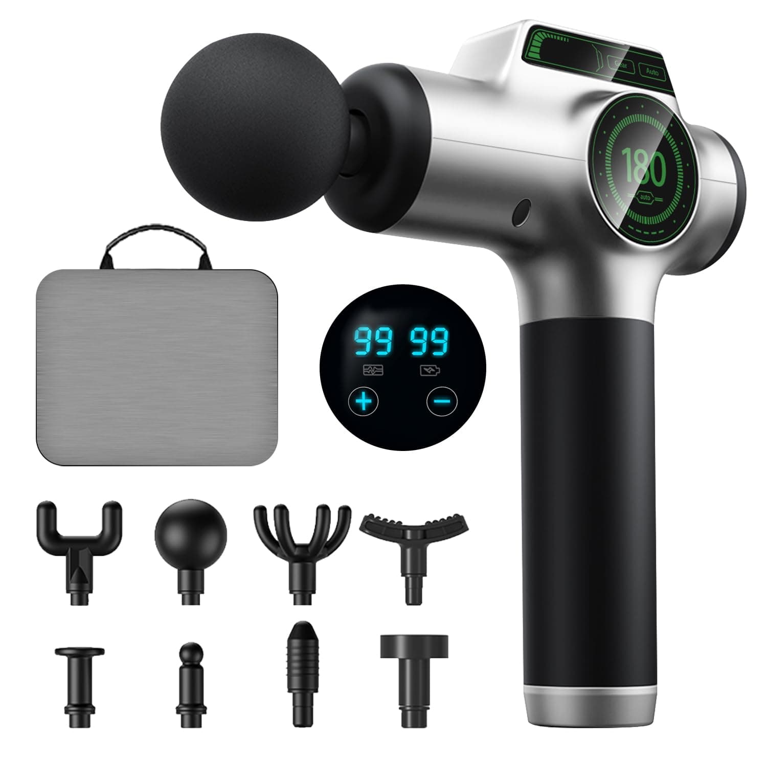 Necomi powerful deep tissue massage gun, 8 connection heads, 99 speeds, professional-grade portable fascia gun, used for muscle recovery and pain relief, suitable for back and neck full body massage.