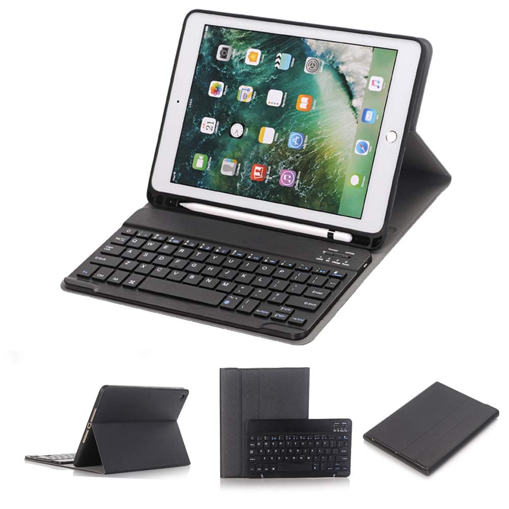 for iPad 9.7 inch 2018&2017 Keyboard Case, Slim Folio Cover Removable Detachable Wireless Bluetooth Keyboard with Pencil Holder for iPad Air/Air 2/ iPad 6th / 5th Gen (Black)