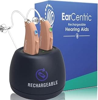 Ear Centric EarCentric EasyCharge Rechargeable Hearing Aids (Pair) for Seniors, Behind-The-Ear BTE Ear Aid PSAP digital Personal sound amplification products devices with Noise Cancellation (Beige)