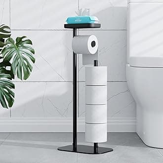 Kitsure Toilet Paper Holder Free Standing – Rustproof Metal Toilet Paper Stand for 4 Rolls with Anti-Slip Base and Shelf for Phone & Small Items, Bathroom Organizers and Storage, Large, Black