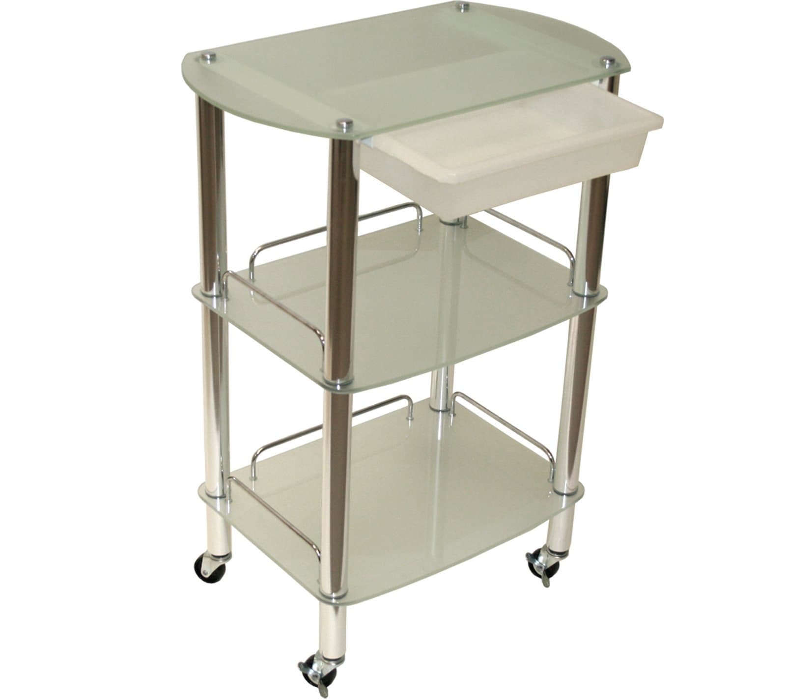 Extra Large Glass & Chrome Roller Trolley with Slide-Out Removable Storage Bin
