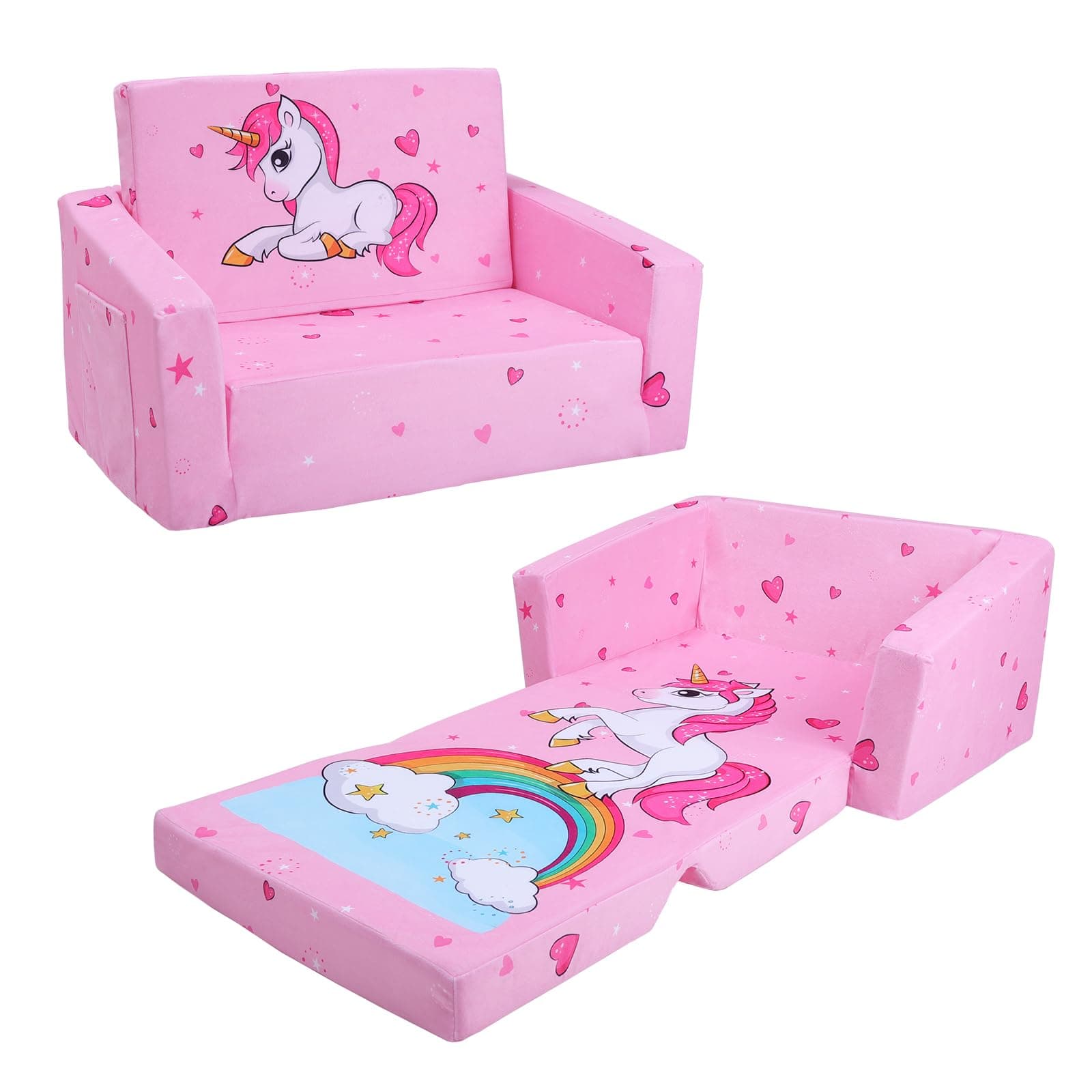 Foldable Kids Sofas Couch 2 in 1 Children Convertible Sofa to Lounger Flip Open Toddlers Sofa Bed