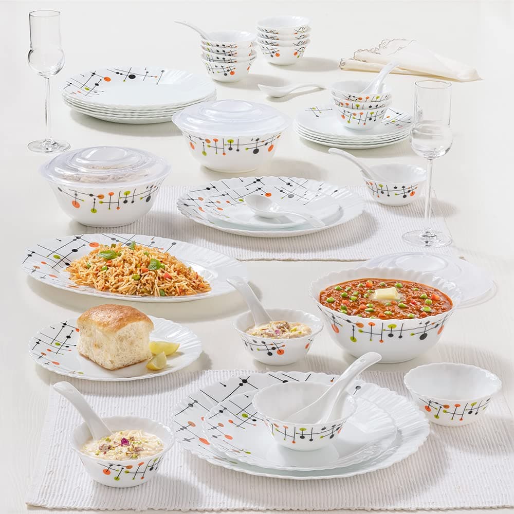 Larah by Borosil Matrix Silk Series Opalware Dinner Set | 47 Pieces for Family of 8 | Microwave & Dishwasher Safe | Bone-Ash Free | Crockery Set for Dining & Gifting | Plates & Bowls | White