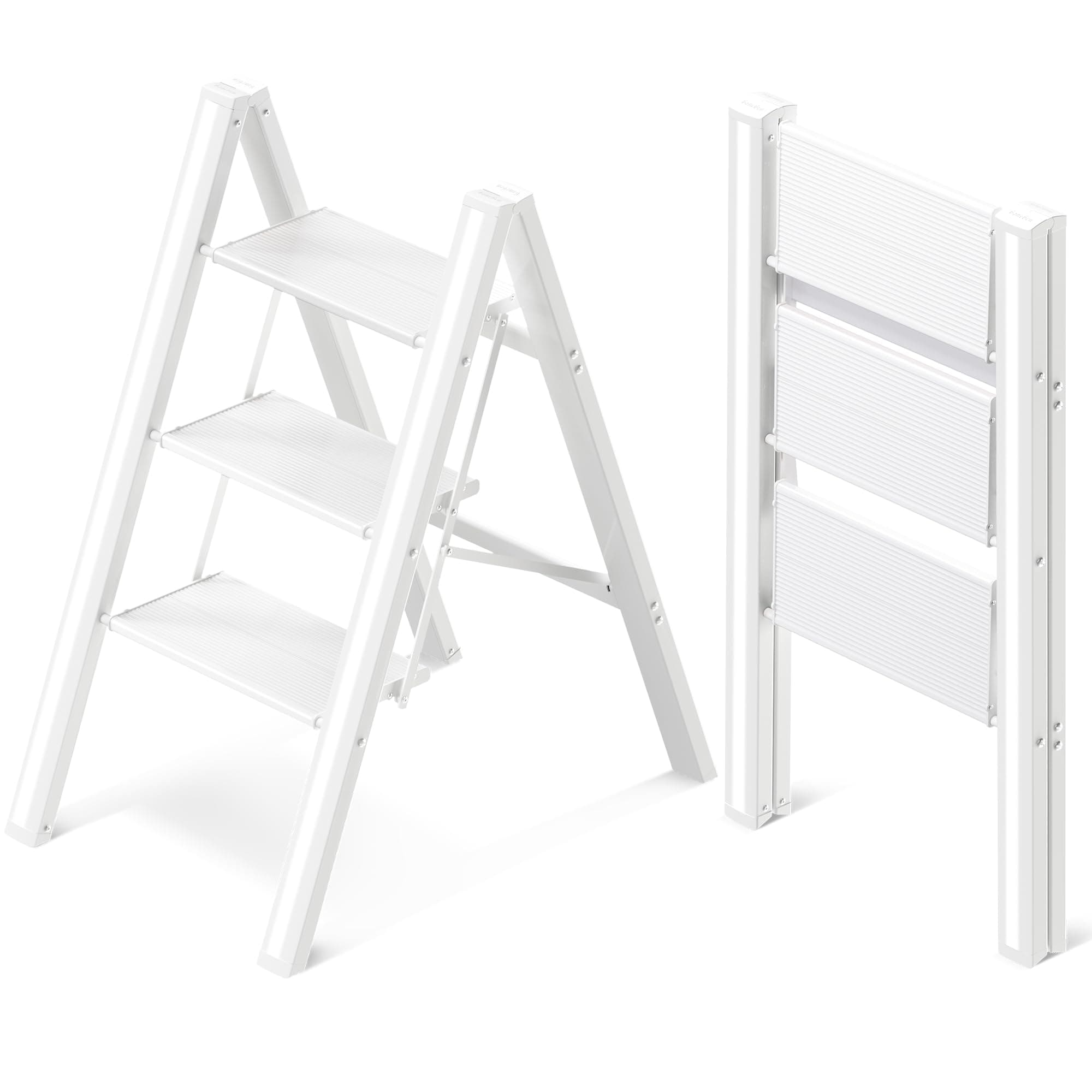 GameGem 3 Step Ladder, Aluminum Folding Step Stool with Anti-Slip Sturdy and Wide Pedal, Lightweight Portable Stepladder for Home and Kitchen Use Space Saving, Cream White, 330 lbs