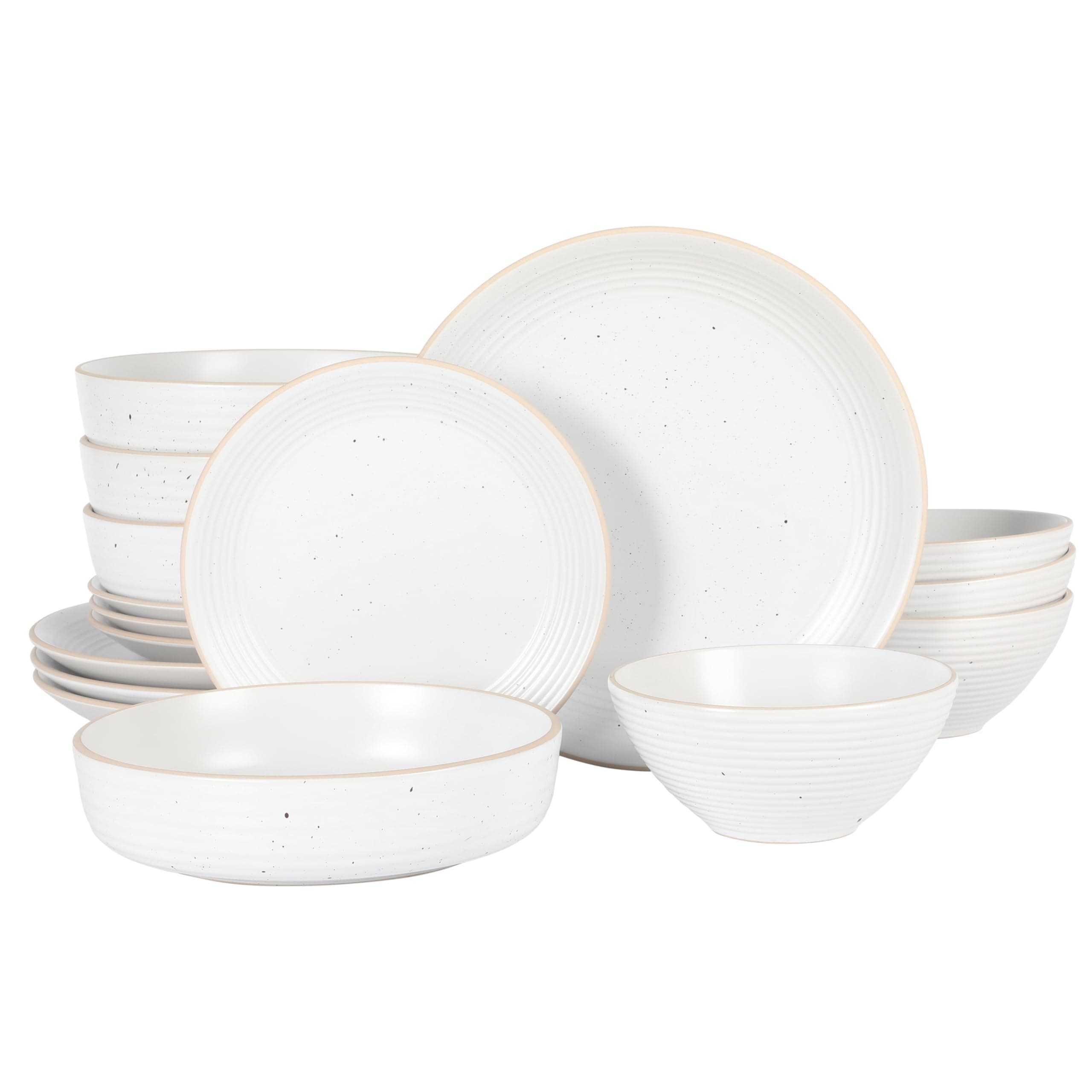 Dinah 16-Piece Matte White Stoneware Dinnerware Set – Double Bowl, Embossed Speckled Design, Durable Kitchen Dinnerware