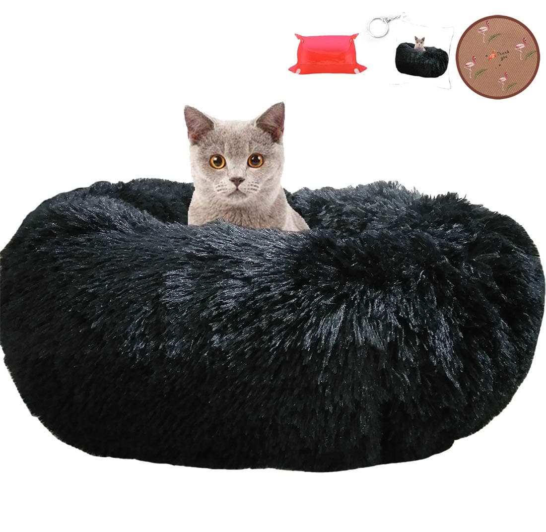 Ailotrd Dog Beds Extra Soft Washable Comfortable Pet Bed Sofa,Waterproof Round Plush Donut Cats Nest Bed Cushions (50cm in Diameter, Pure black)
