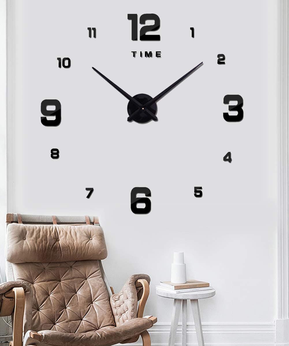3D Frameless DIY Wall Clock, Large Wall Clock Kit 3D Mirror Number Stickers Mute Clock Modern Design for Home Living Room Bedroom Office Decoration-Black