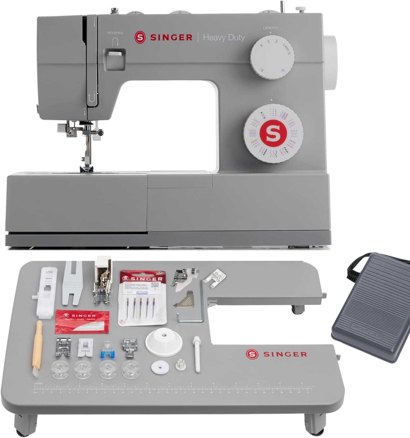 SINGER Heavy Duty Holiday Bundle – 4452 Sewing Machine with Extension Table & 2 Presser Feet | Strong Motor, 110 Stitch Applications, Full Metal Frame, 1-Step Buttonhole & LED Light