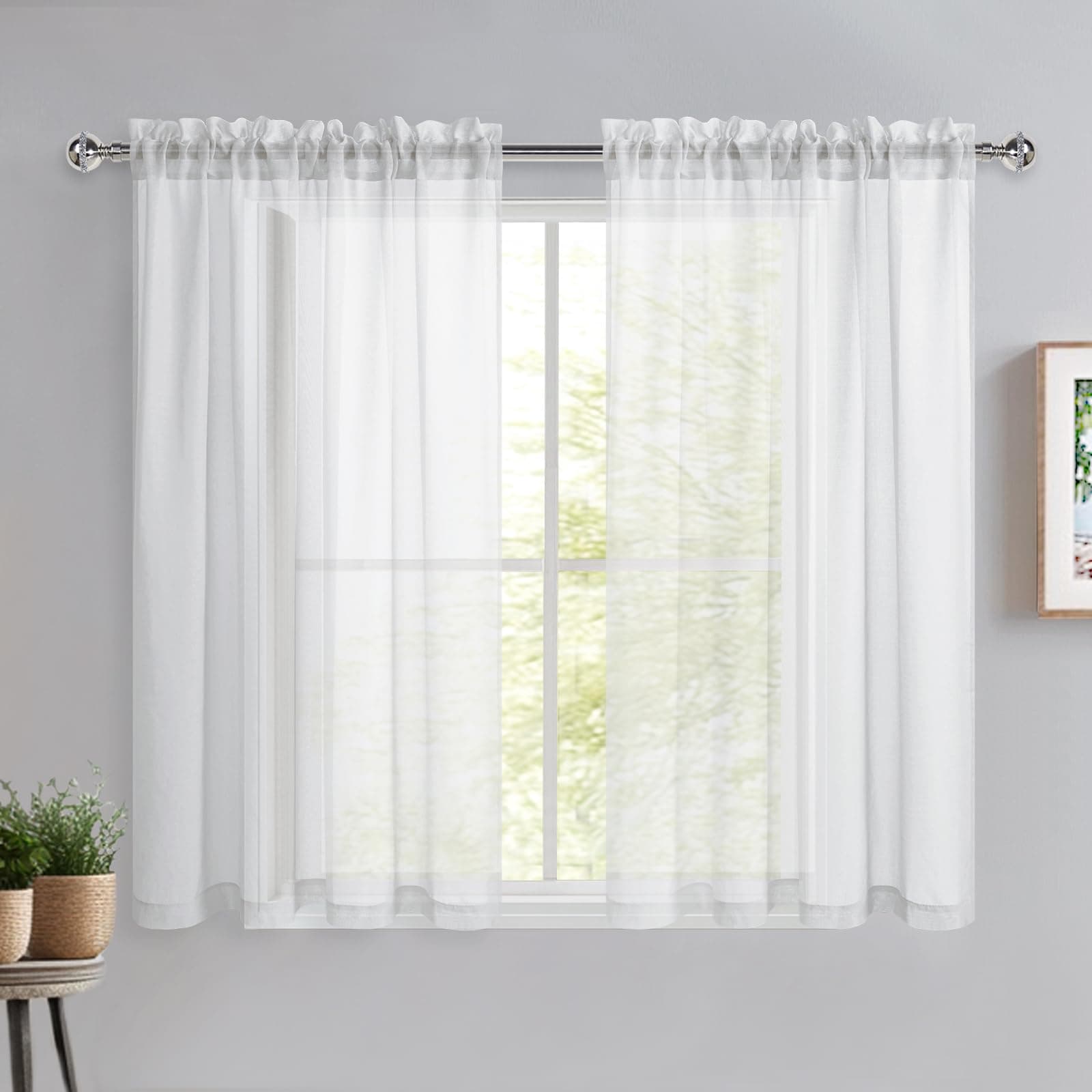 DWCN White Net Curtains for Windows 54 Drop, Rod Pocket Voile Curtain Bedroom Sheer Curtains Semi-Transparent Light Filtering Curtains for Bedroom Kitchen Living Room Nursery, W46xL54 Inch, 2 Panels