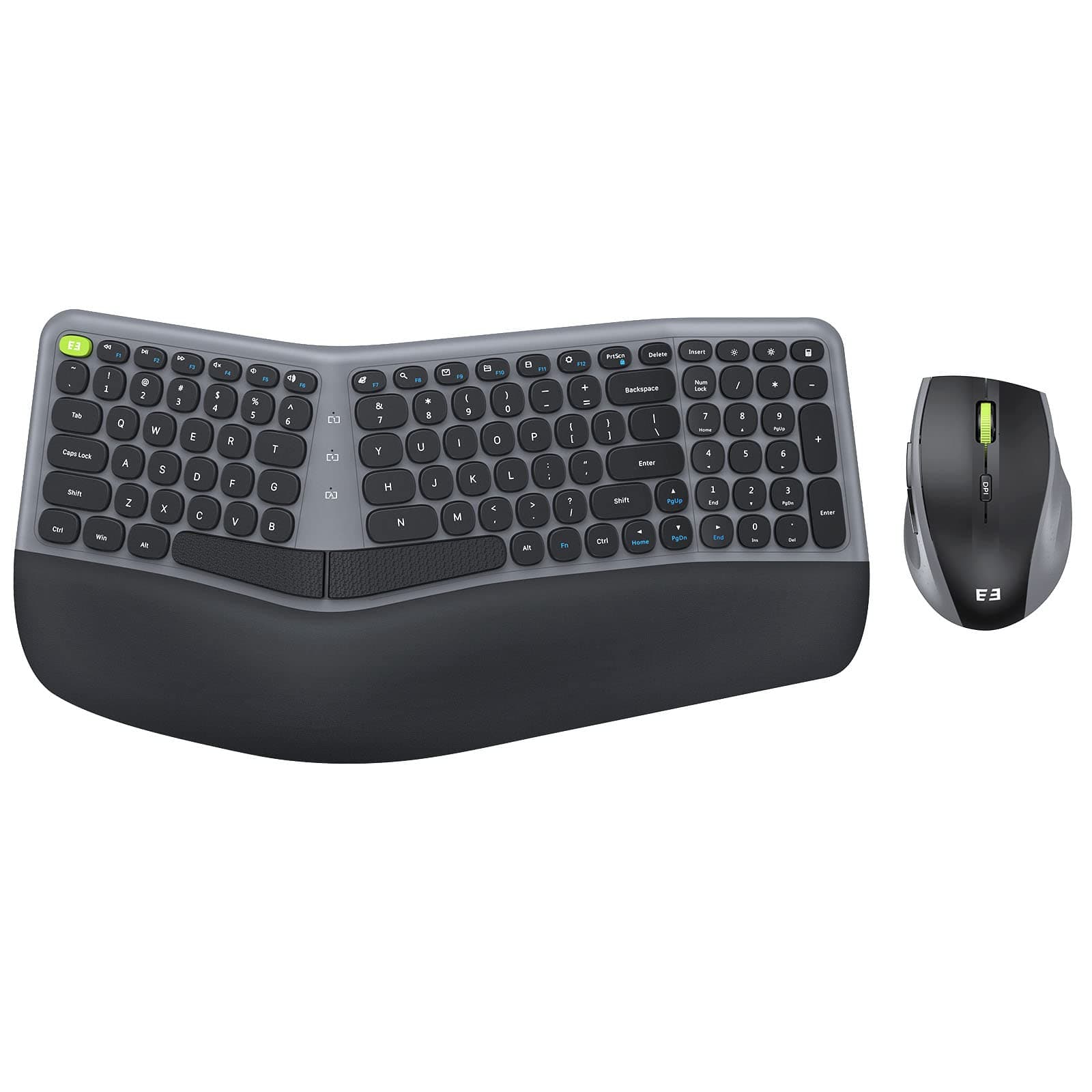 Ergonomic Wireless Keyboard and Mouse Combo - 2.4GHz USB Receiver, Split Keyboard Full Size Layout with Wrist Rest, 3-Level Optical Mouse - Compatible with Windows - Space Gray