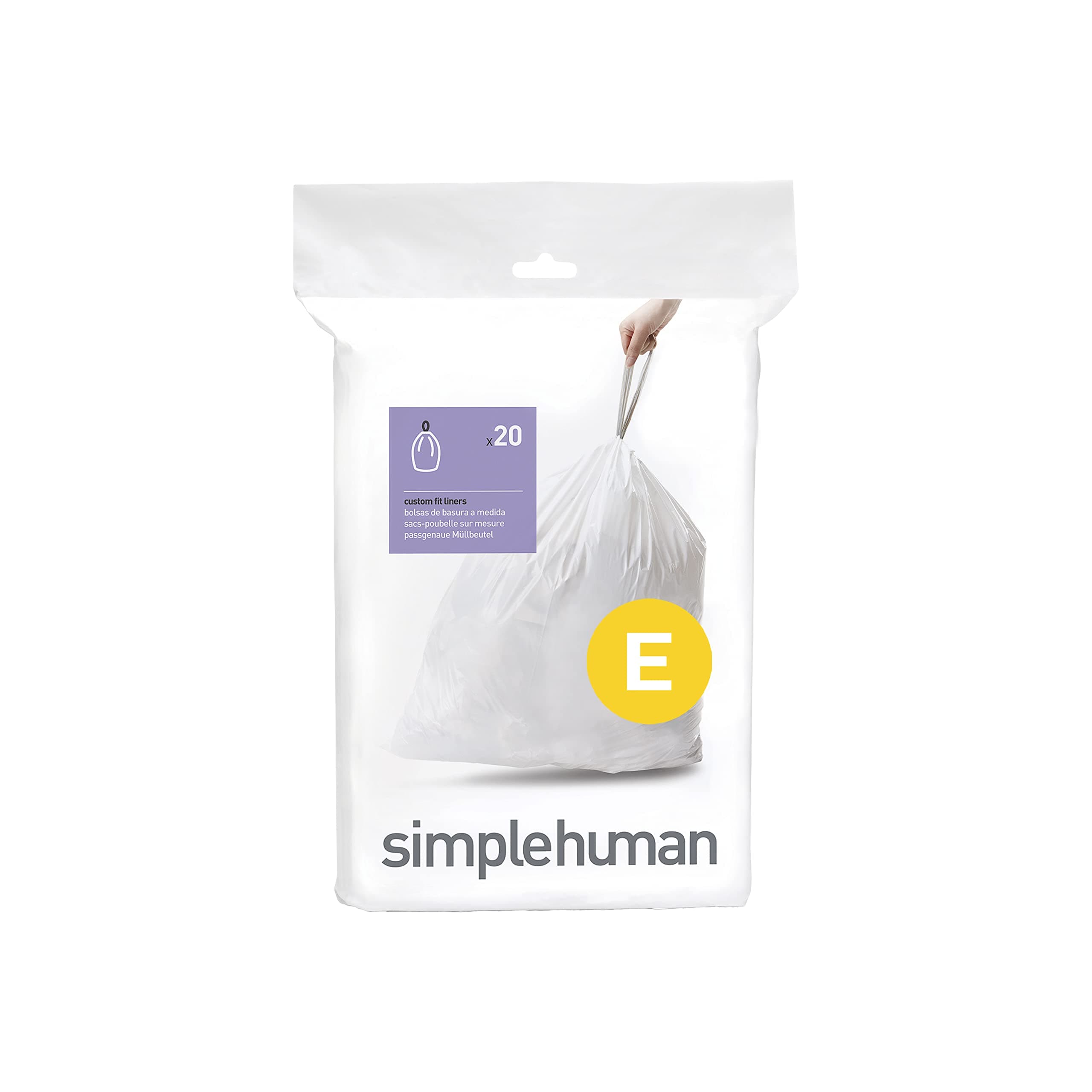 simplehuman Code E, Custom Fit Bin Liners, 20 Liners, White, 20 L