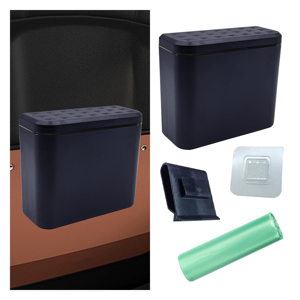 Portable Hanging Auto Leakproof Garbage Organizer, Waterproof Mini Dustbin with 1 Roll Trash Bag, Auto Leakproof Garbage Organizer, Multi-Purpose for Car, Vehicle, Office, Home (Black)