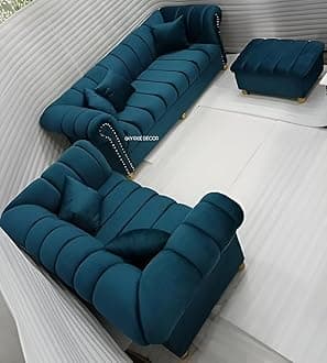 Modern Classic Sofa Couch Fabric & Valvet 3+2+1Footrest Tufted Chesterfield Sofa Living Room and Office (Tealgreen Trend F-370)