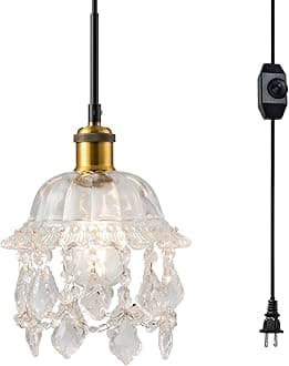 Vintage Plug in Pendant Light Crystal Hanging Lights with 15Ft Black Plug in Cord & On/Off Dimmer Switch， Mini Chandelier for Kitchen Island Dining Room Bedroom