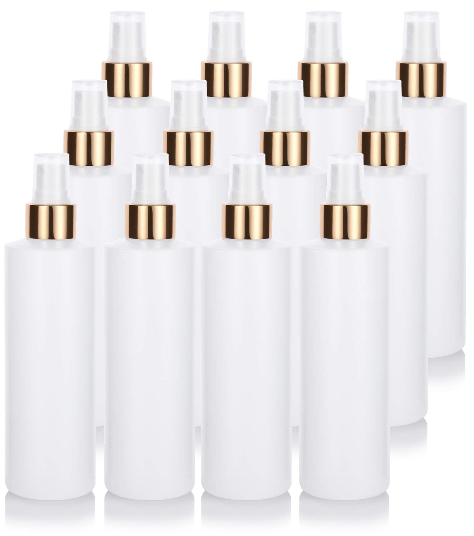 JUVITUS 8 oz Clear Natural Refillable Plastic Squeeze Bottle with Gold Metal Fine Mist Spray (12 pack)