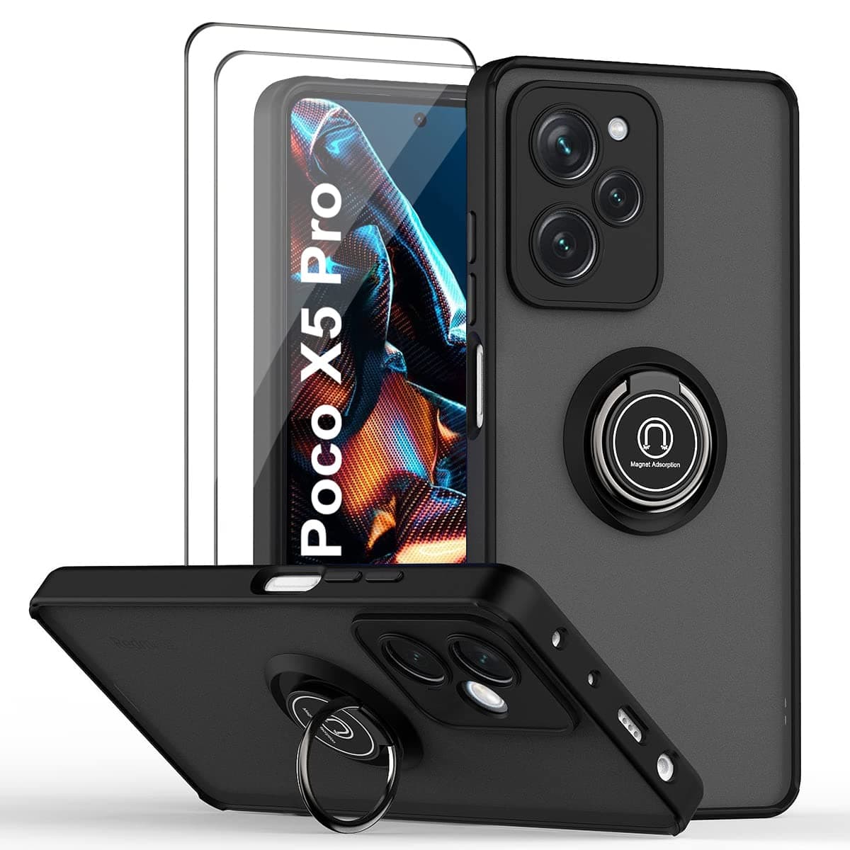 QUIETIP Case Compatible with Xiaomi Poco X5 Pro 5G with Screen Protector,TPU + Hard PC Shockproof Magnetic Ring Car Mount Holder Phone Cover,Black