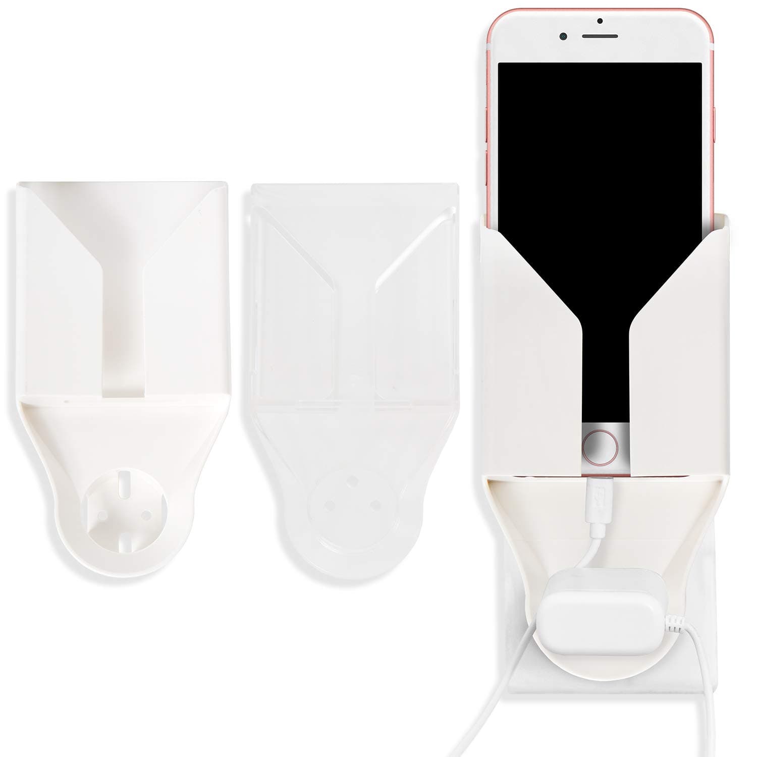 Techtivity Universal Wall Phone Holder - Ergonomic Phone Wall Mount for Wall Socket - Practical Wall Mounted Cell Phone Holder Stand for Cellphones - no Tool Portable Smartphone Bracket - Solid White