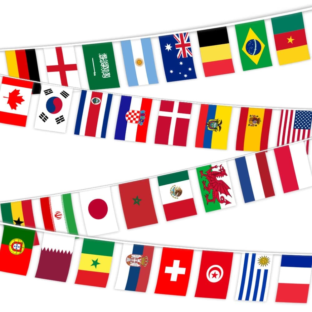 E-ASUM 2-Pack World Cup Football 2022 String Flag Bunting, Double Sides Fabric Bunting, 32 Teams Flags Bunting for Restaurants, Sport Bars, Game Night 14x21 cm-10 m