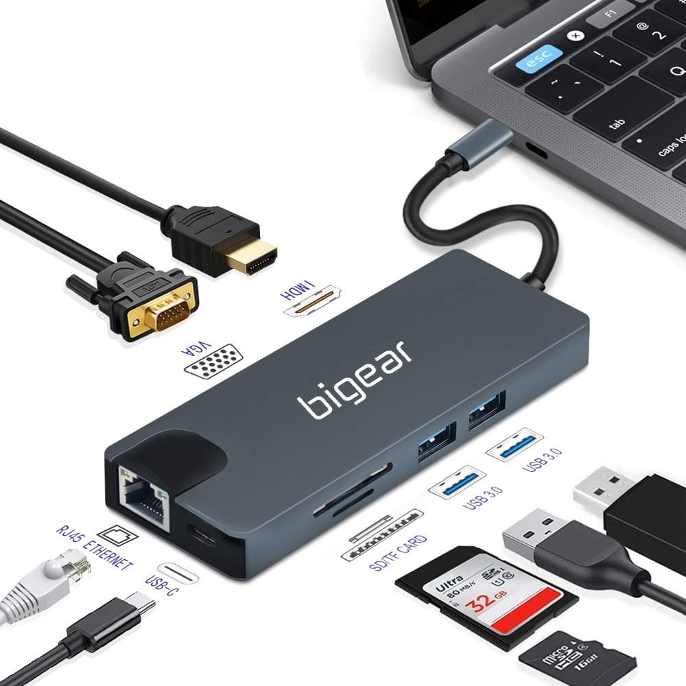 USB C Hub, Bigear 8 in 1 Type C Adapter to 4K HDMI and 1080P VGA Ports, RJ45 Ethernet, 2 USB 3.0 Ports, SD/TF Card Reader and USB C Port for All Series of MacBook Pro and Other Laptops Aluminum Body