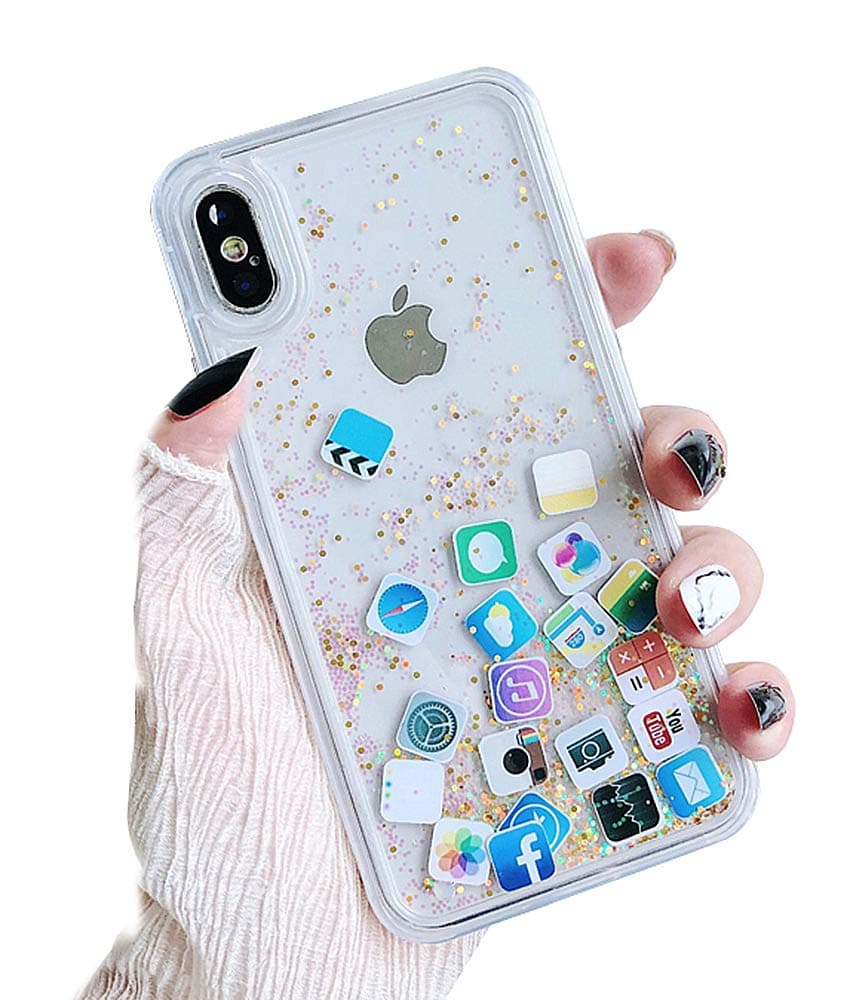 Skoveph Liquid Glitter Case Compatible with iPhone XR, Hard Back Colorful Bling Quicksand with ios icon Apple APP Shine Phone Case (iPhone XR, Gold Glitter)