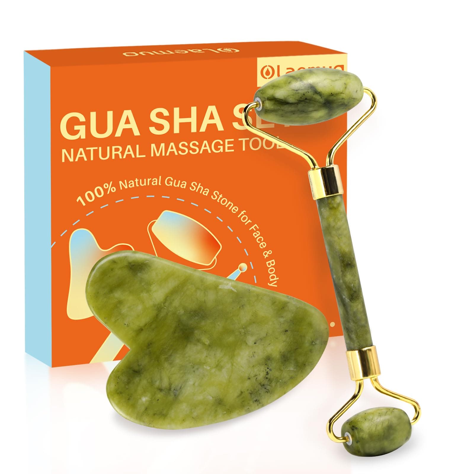 Jade Gua Sha and Face Roller, Real Jade Gua-Sha Stone Facial Tools Set for Reduce Puffiness, Body Guasha Tool for Relieve Neck Tension, Skincare Beauty Massager as Present for Women, Green