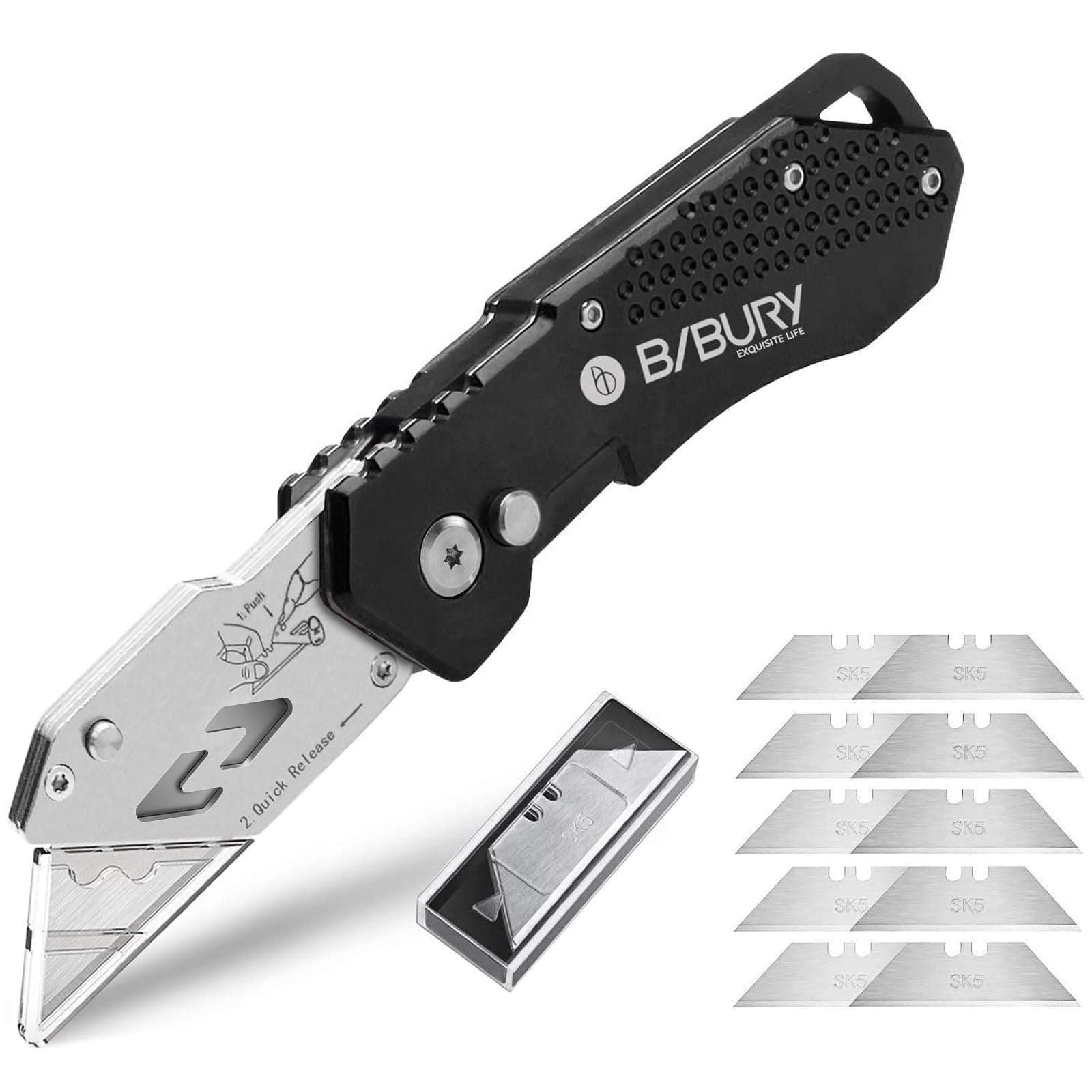 Bibury Utility Knife, Upgraded Version Heavy Duty Box Cutter, Pocket Carpet knife with 10 Replaceable SK5 Stainless Steel Blades, Belt Clip, Easy Release Button, Quick Change and Safety Lock-Black