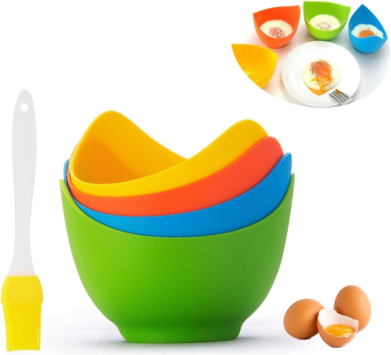 OasisgaloreEgg Poacher, 4 Pack Egg Boiler Mold Cup, Poached Egg Cups with Ring Standers, Silicone Egg Poacher Cooker for Microwave Stovetop Air Fryer, with Extra Oil Brush, BPA Free