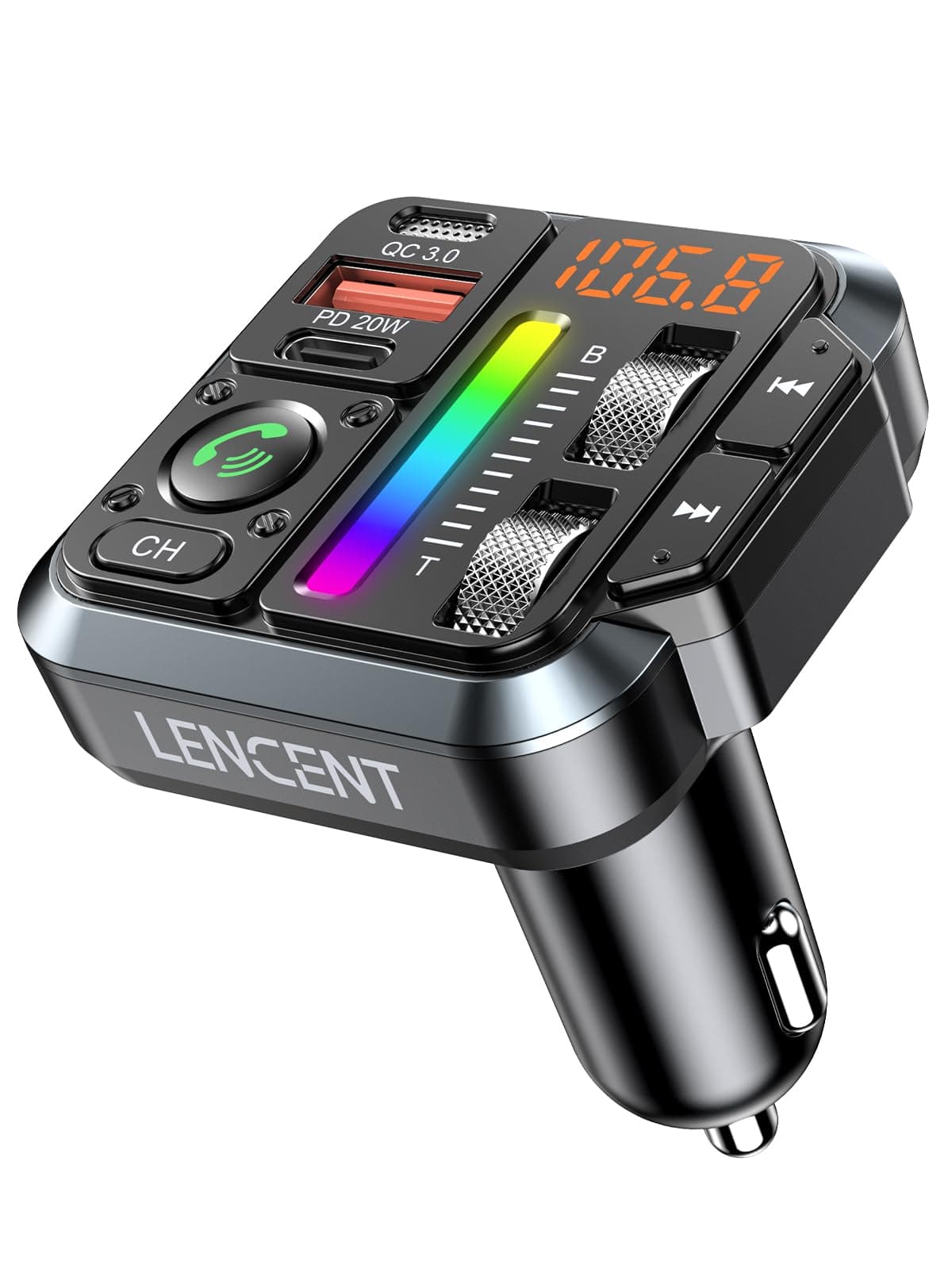 LENCENT Bluetooth 5.3 Car FM Transmitter, Adjustable Treble & Bass Sound Music Player Receiver, Wireless Radio Adapter with PD 20W & QC 3.0 Fast Charger, Hands-Free Calling, Siri Google Assistant
