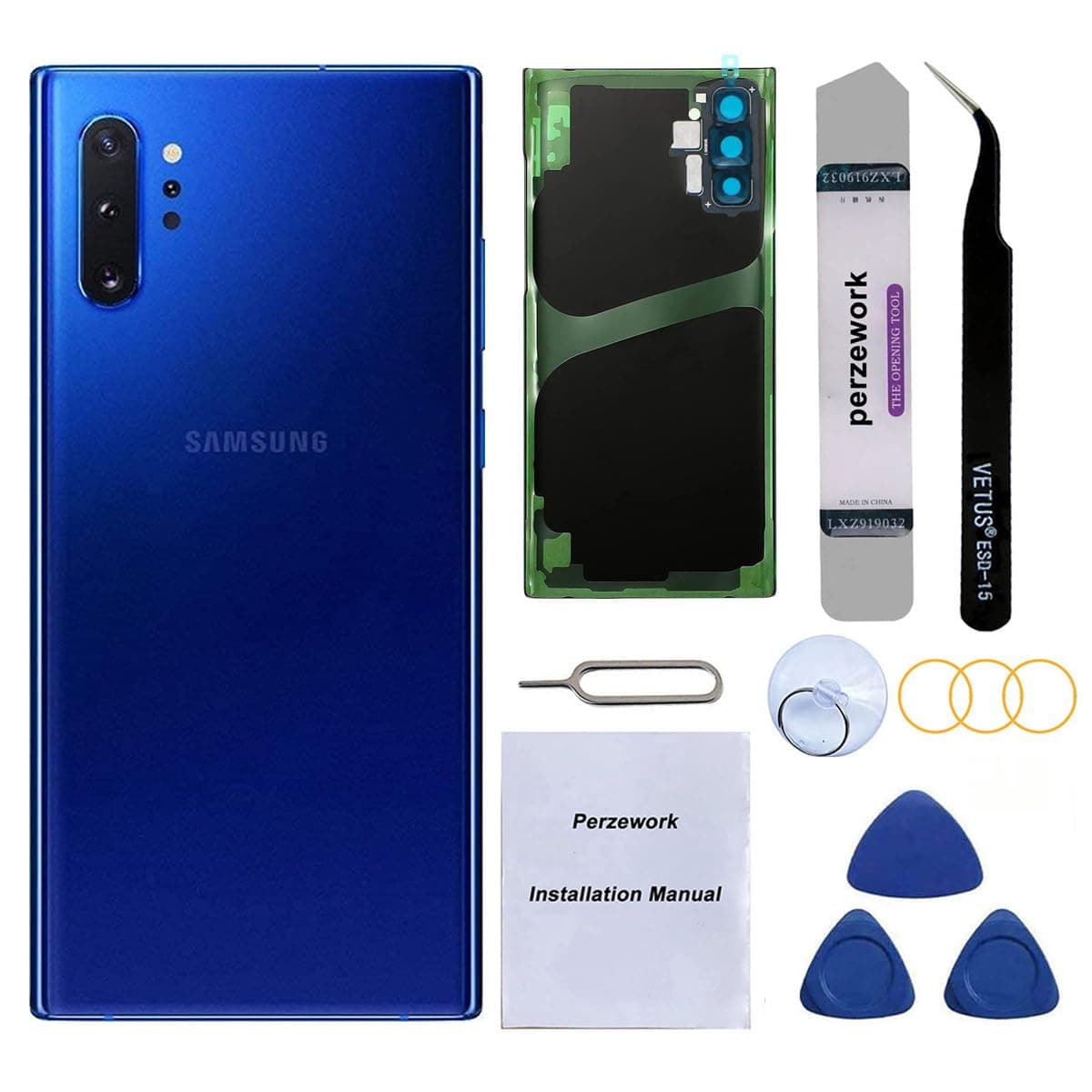 Rear Back Glass Replacement for Samsung Galaxy Note 10 6.3 inches with Reparing Toolkit and Pre-Installed Adhesive (Aura Blue)