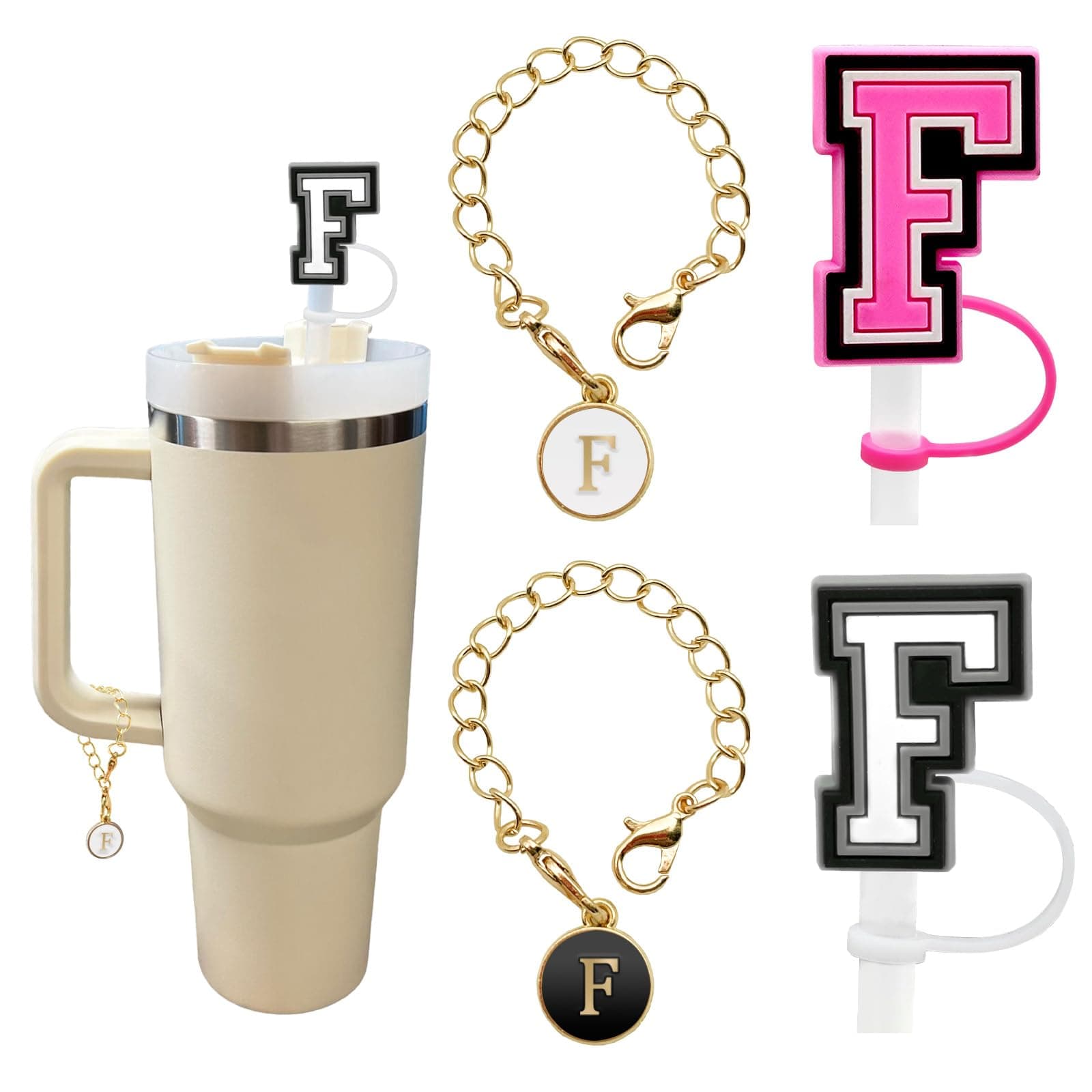 (2+2)2PCS Straw Cover for Stanley Cup 30&40 Oz 10mm Straw Topper with 2PCS Stanley Cup Accessories Letter Charms Name ID Initial Letter Handle Personalized Charm For Stanley Tumbler (Letter F)