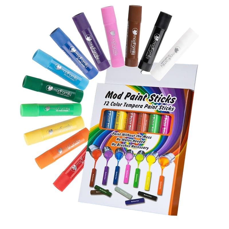 ModFamily Mod Paint Sticks - Washable Solid Tempera Paint Markers - Non-Toxic, Quick Drying, and No Mess Paint Sticks - Color Art Supplies Set for Kids and Families - (12 Pack) -