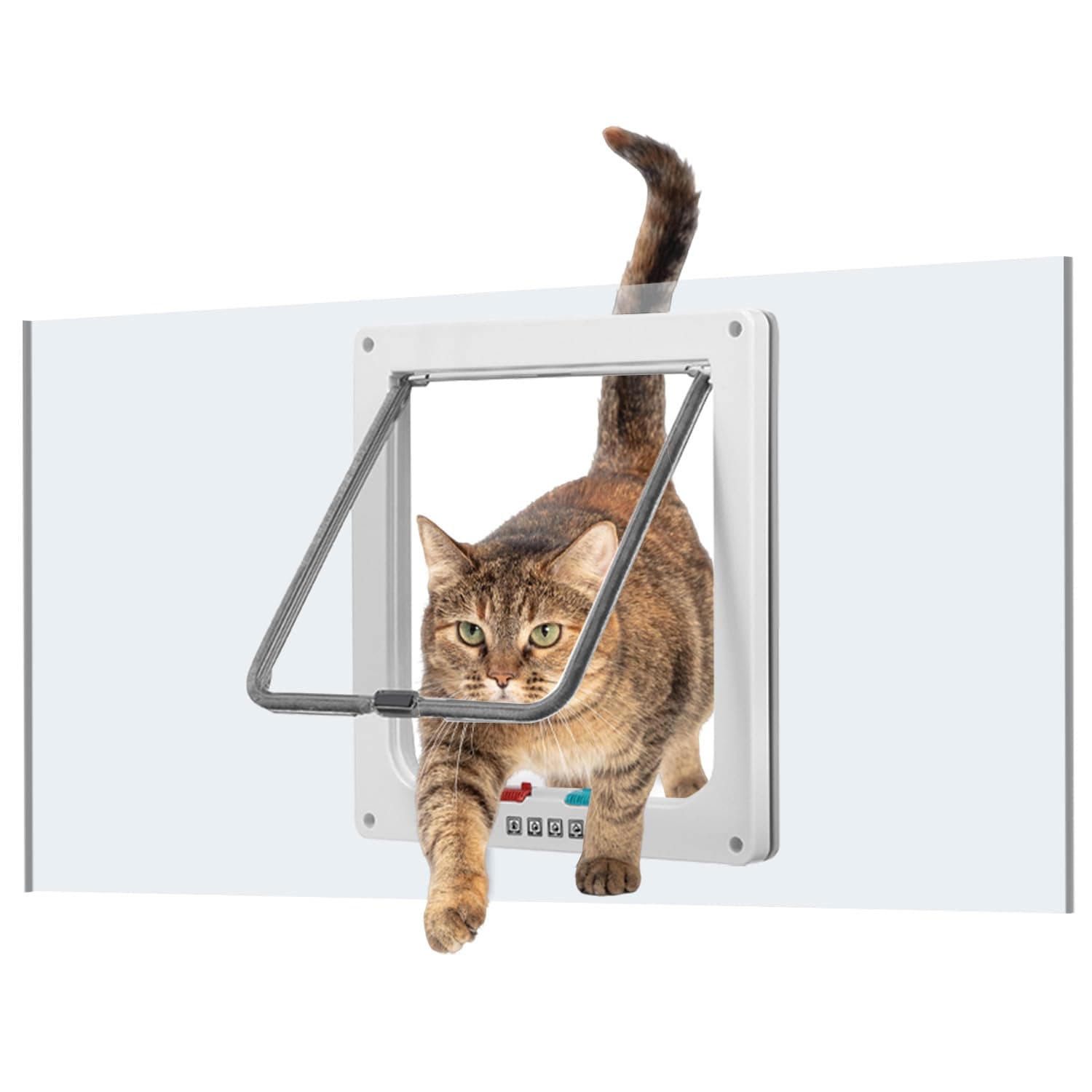 Cat Door for Window, Safety Cat Window with 4 Locking Modes, Fits 24"-32" Window, Pet Friendly Window Cat Door Insert, Ease of Installation, Magnetic Closure, Weatherproof Design, Frosted Plexiglass