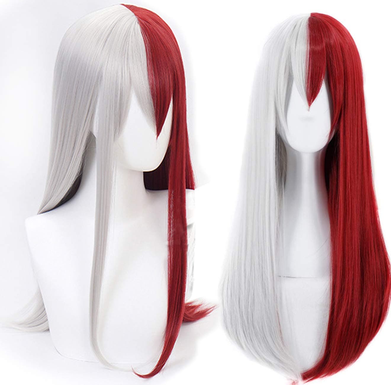 Silver Half Red: Anogol Hair Cap+Silver Half Red Long Wavy Cosplay Wig With Bangs Ombre Synthetic Wigs Hair