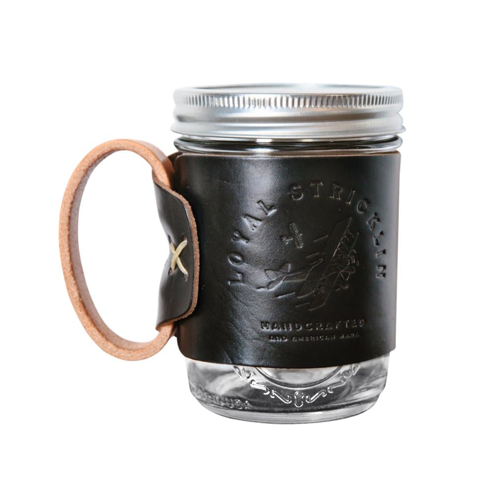 Loyal Stricklin's Original Aviator Mug: A Leather Wrapped Mason Jar Coffee Mug (Black & Tan)