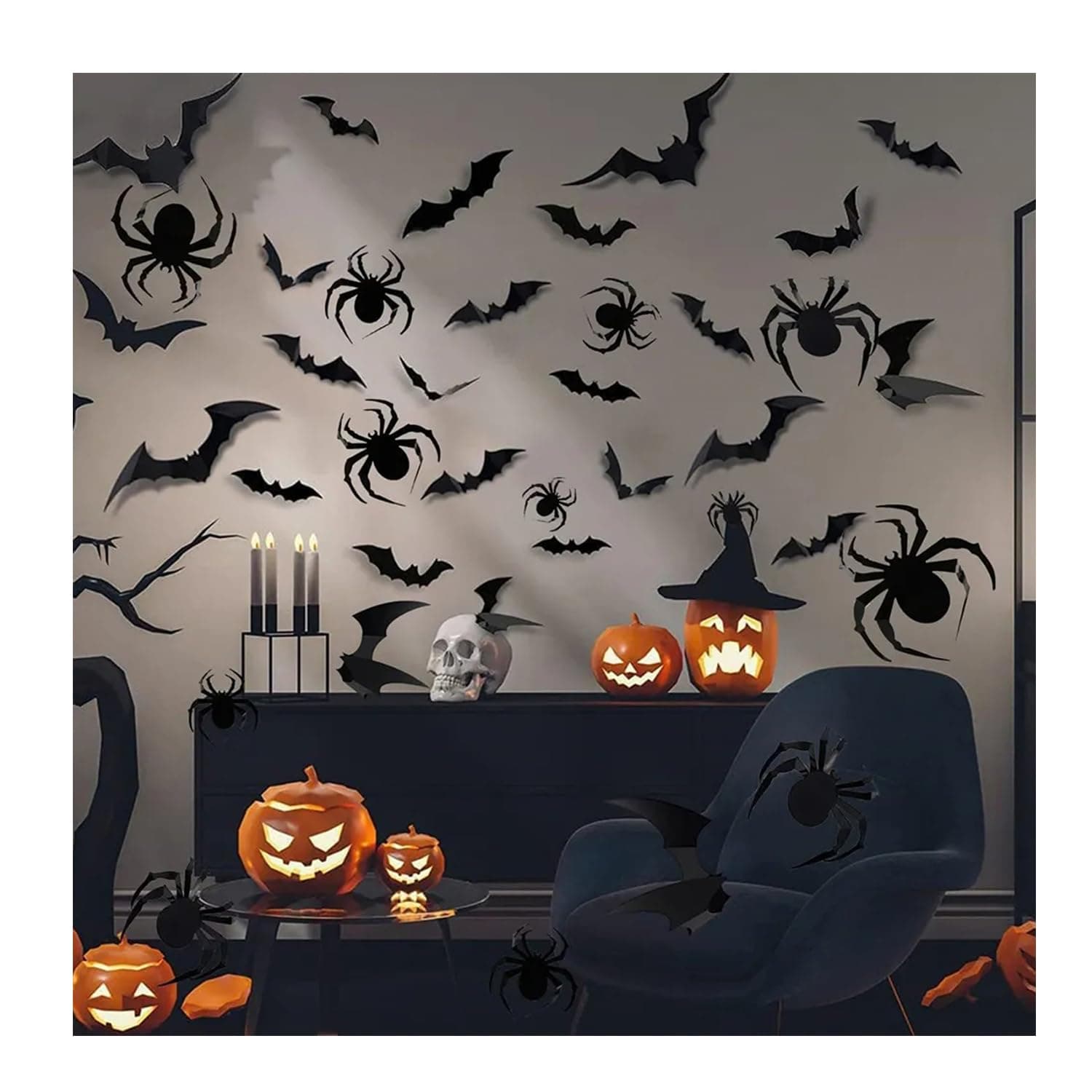 [44 PCS] Halloween Bats and Spider Wall Decor 3D Bat Decoration Stickers for Home Decor 7 Size Waterproof Black Spooky Bats for Cosplay Room Decor Window film (Bats+Spider)