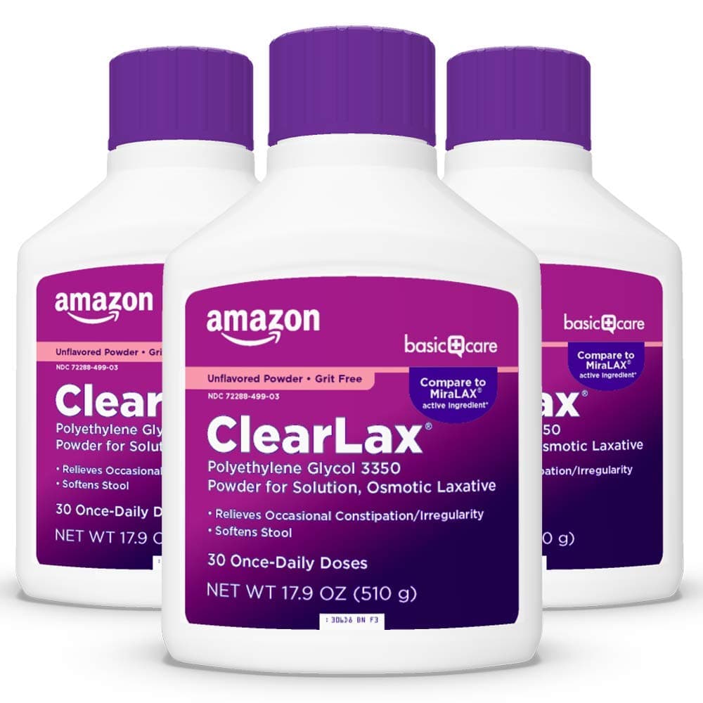 Amazon Basic Care ClearLax, Polyethylene Glycol 3350 Powder for Solution, Osmotic Laxative, Unflavored, 1.11 pound (Pack of 3)