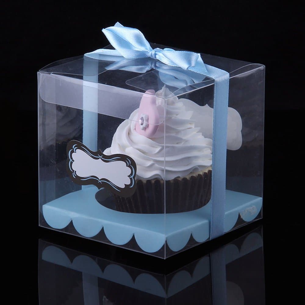 10 x Clear Single Cupcake Boxes PVC with Blue Ribbon And Insert