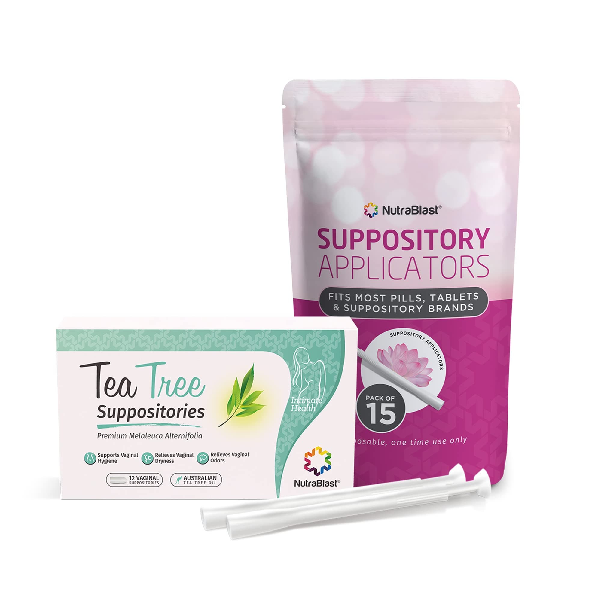 NutraBlast Tea Tree Oil l Suppositories Bundle with Applicators (12 Suppositories & 15 Applicators) Supports Odor Control