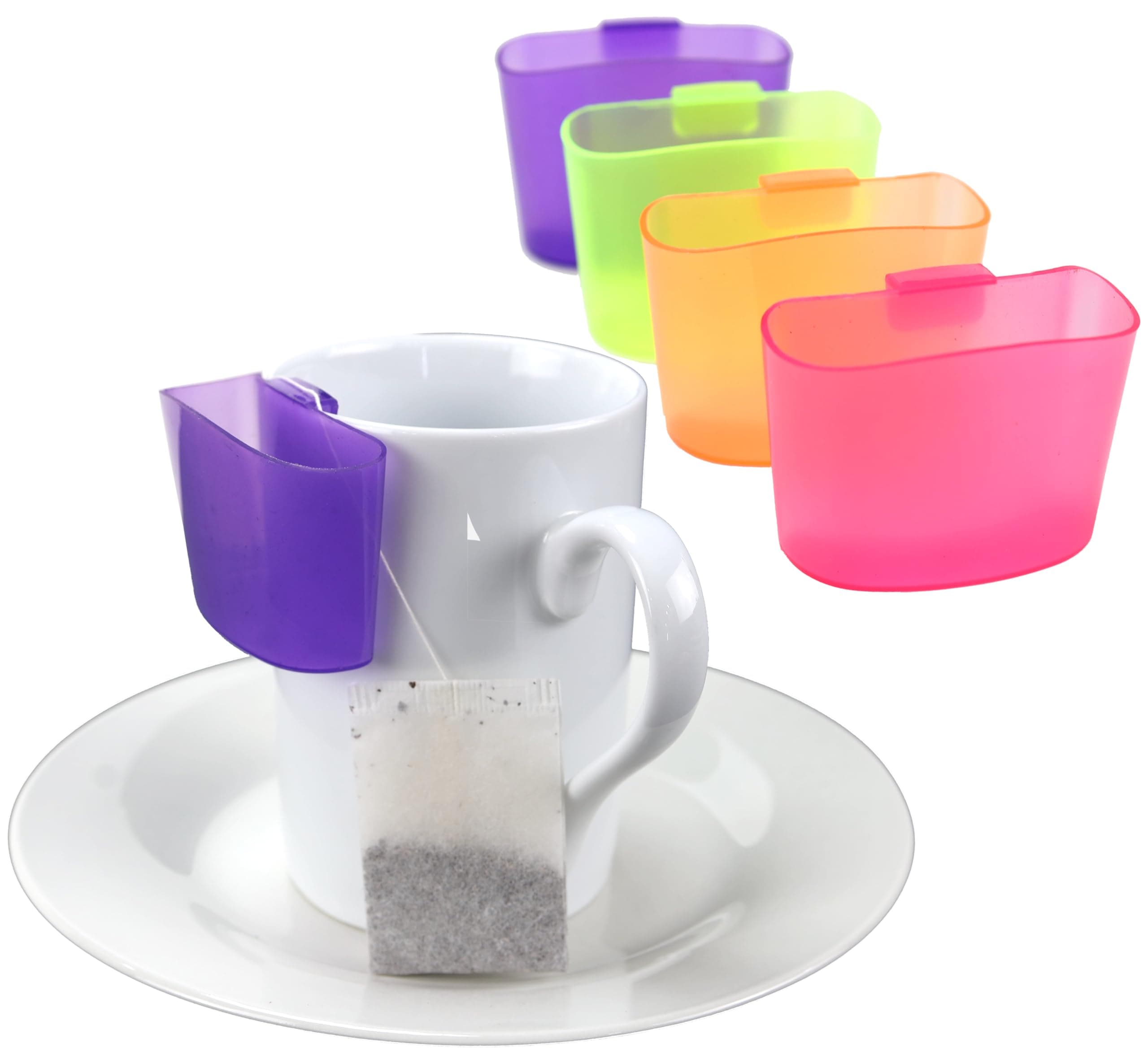 Iconikal Hook on Mug Tea Bag Holder Set, 4-Pack Purple Orange Green Pink