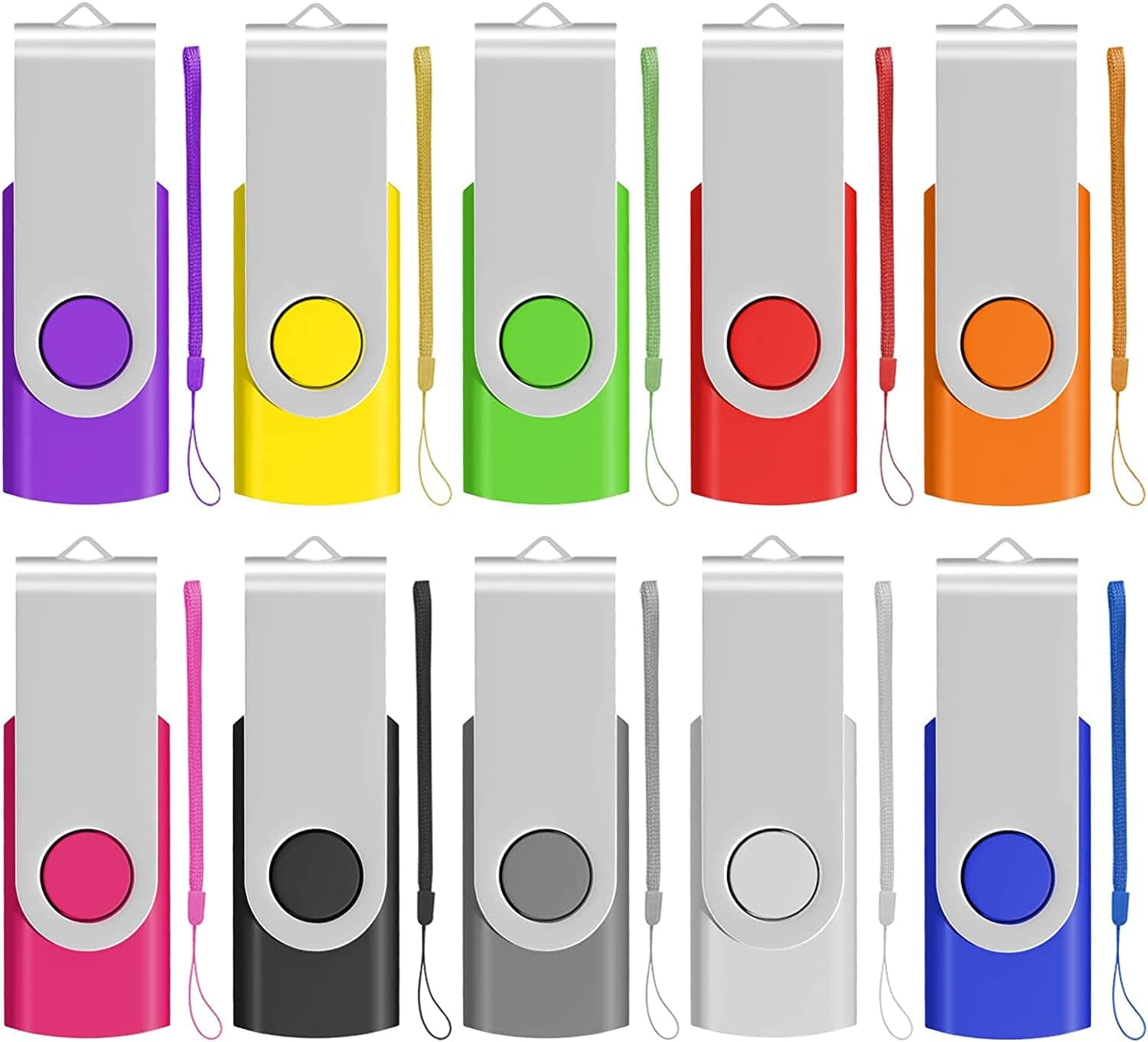 – EASTBULL Memory Stick 2GB USB 10Pack, USB 2.0 Thumb Flash Drives Swivel Design Pen Memory Stick Fold Storage (10 Mixed Color With Lanyard)